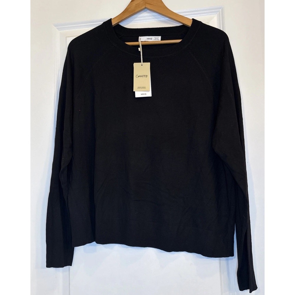 Mango MNG Stitch Sweater Womens XL Black Round Neck Pullover Cotton Blend